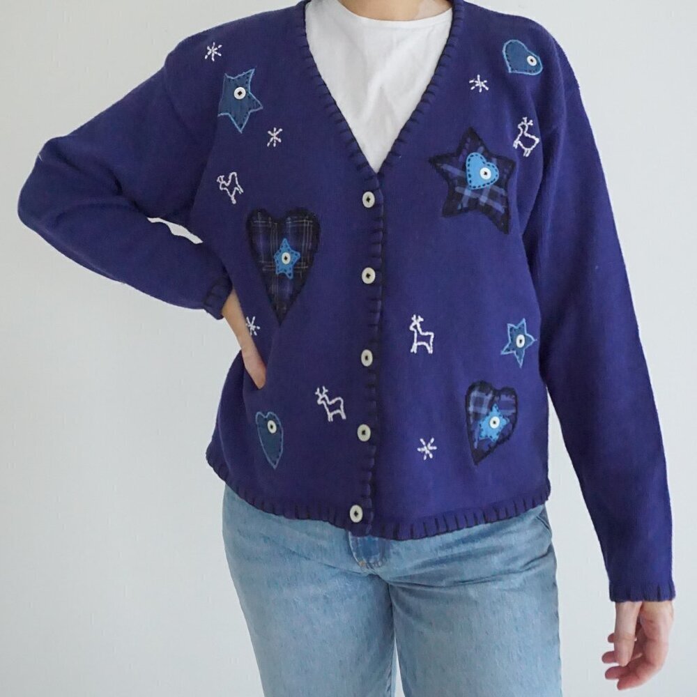 Vintage Susan Bristol Blue Embroidered Beaded Hearts Stars Button Up Cardigan M